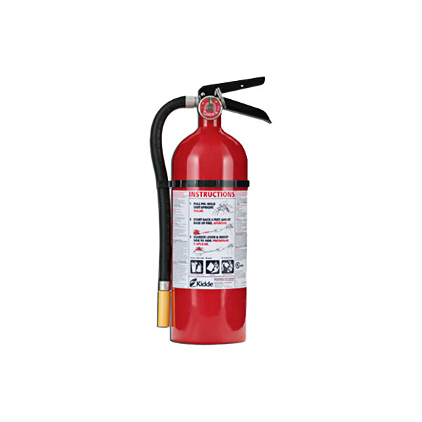 A red Kidde fire extinguisher with a hose and wall hanger.
