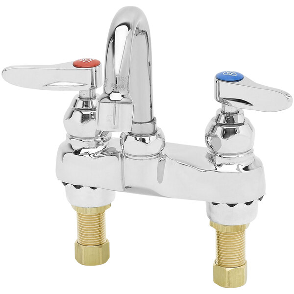 A T&S chrome deck mounted lavatory faucet with two handles and two faucets.