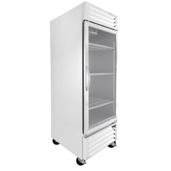 A white Beverage-Air reach-in refrigerator with glass doors.