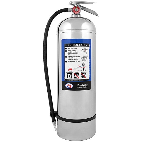 A silver Badger water fire extinguisher with a black hose.