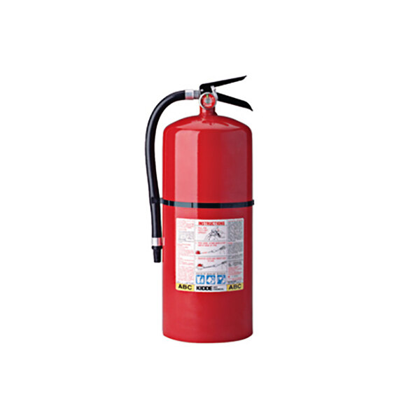 A close-up of a red Kidde fire extinguisher with a black hose and label.