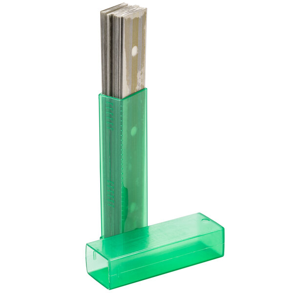 A green plastic box of Unger TR100 Carbon Steel Glass Scraper Blades.