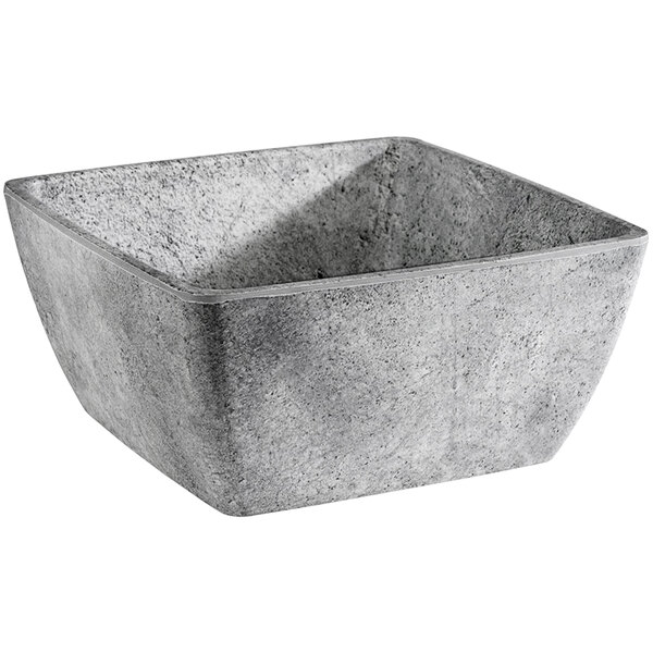 A square grey melamine bowl with a white background.