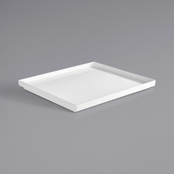 A white rectangular APS Asia Plus melamine tray on a gray surface.