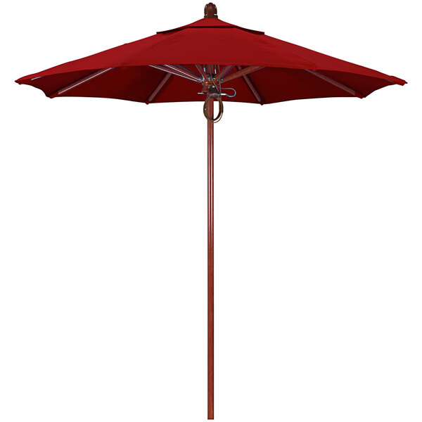 A red California Umbrella with a red oak pole.