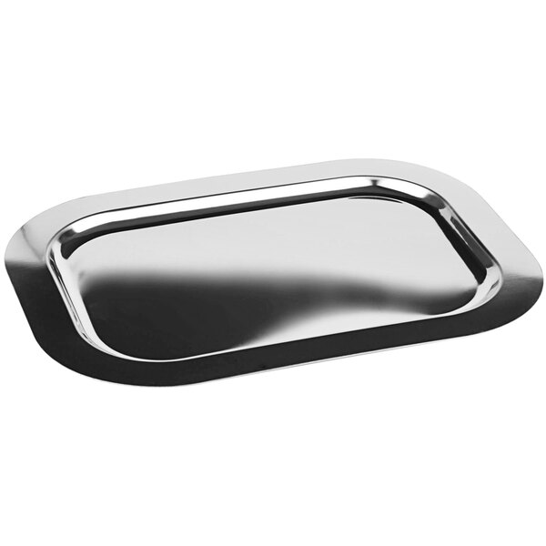 A silver rectangular stainless steel tray with a rounded edge.