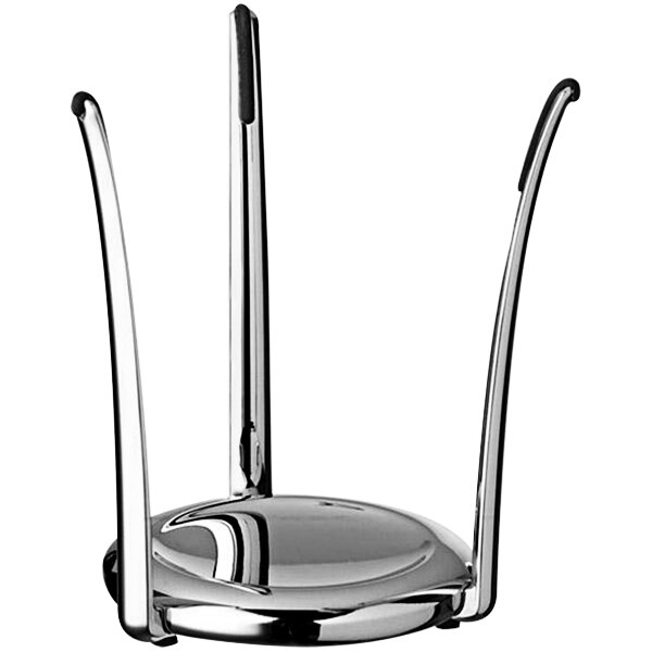 A silver metal APS three-pronged display stand with long legs.