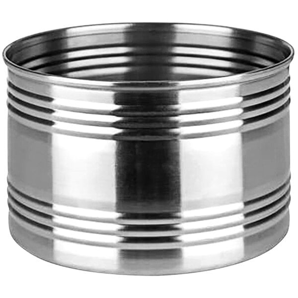 A silver stainless steel snack can with a lid.