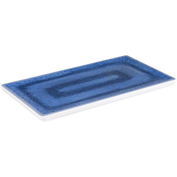 A blue rectangular APS melamine serving tray with a white border.