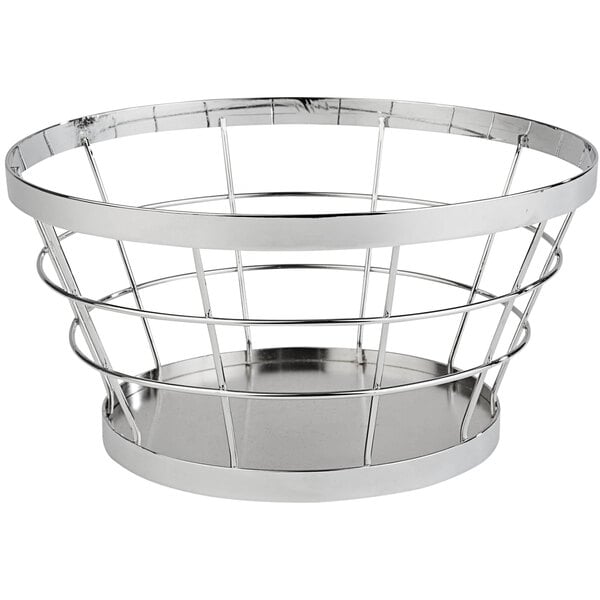 A chrome wire mesh bread basket on a counter.