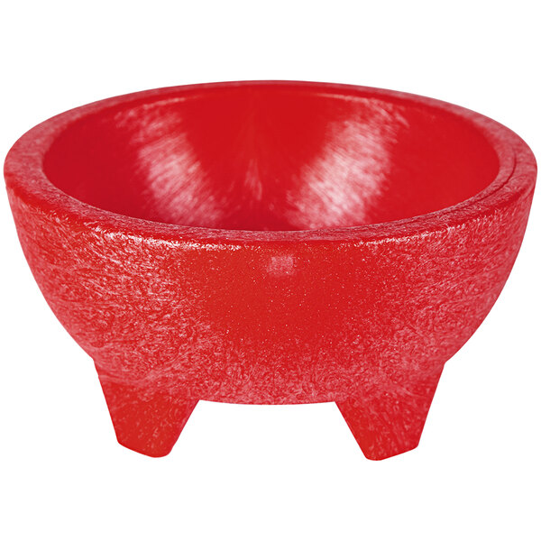 A red polypropylene molcajete with legs.