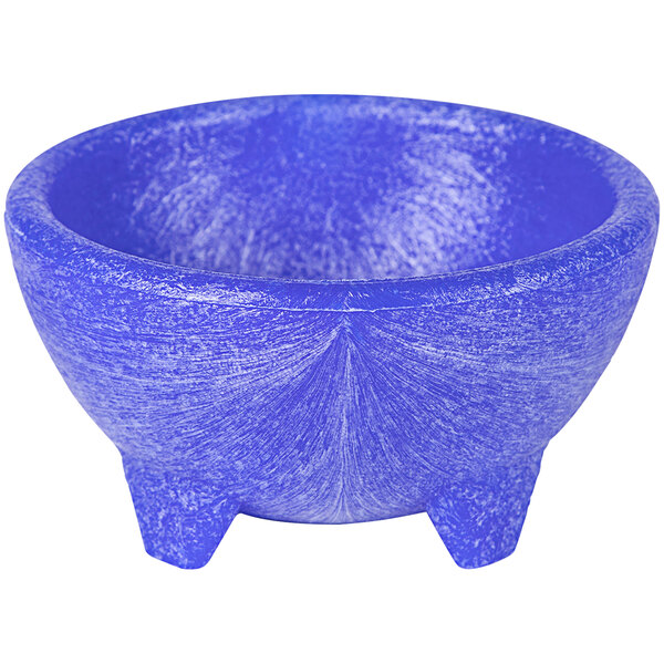A blue polypropylene molcajete with legs and a white base.