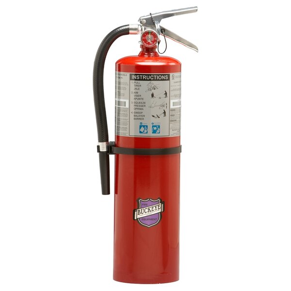 A red Buckeye fire extinguisher with a black handle and hose and a label.