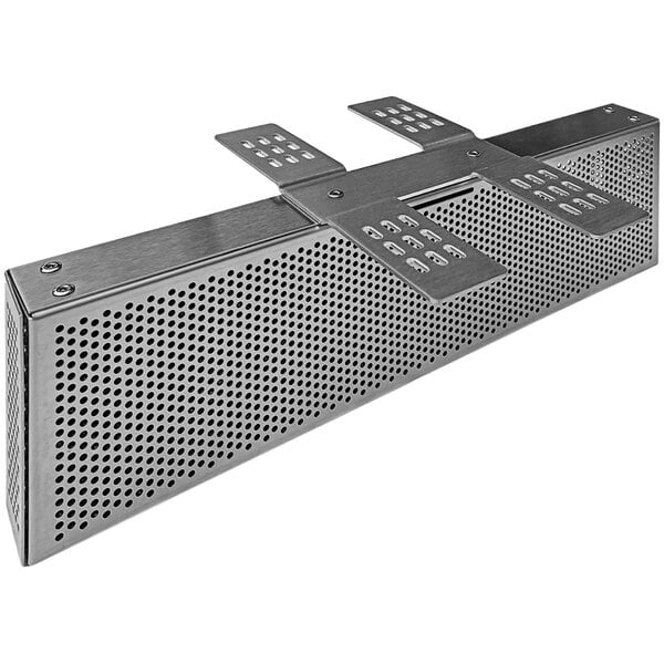 A rectangular metal plate with holes.