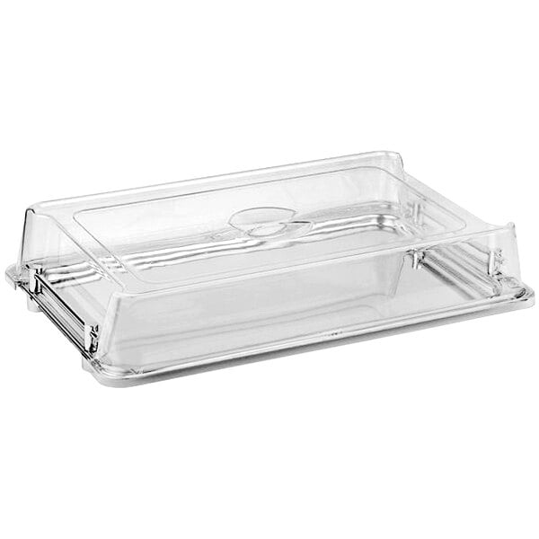 A clear plastic rectangular container with a locking lid.