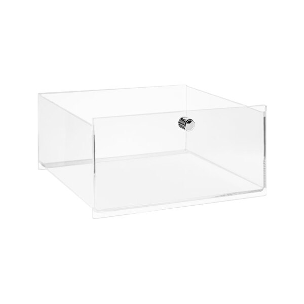 A clear plastic drawer with a silver handle.