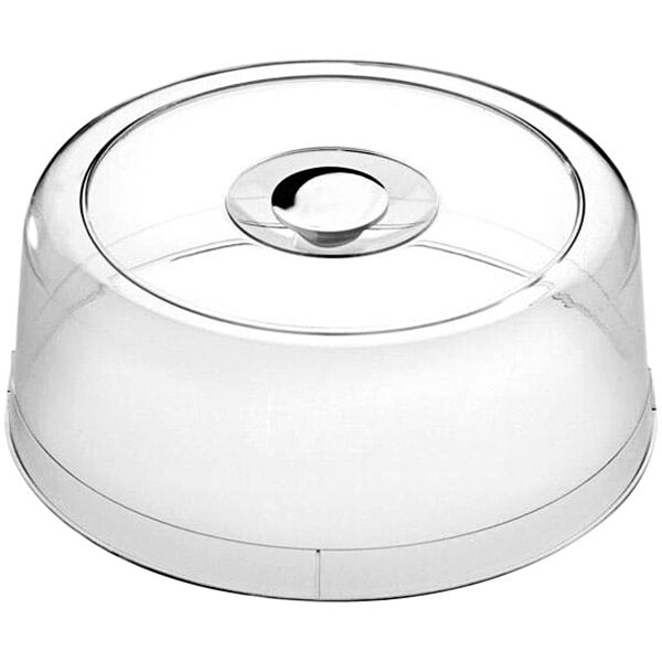 A clear plastic cake cover over a clear plastic container.