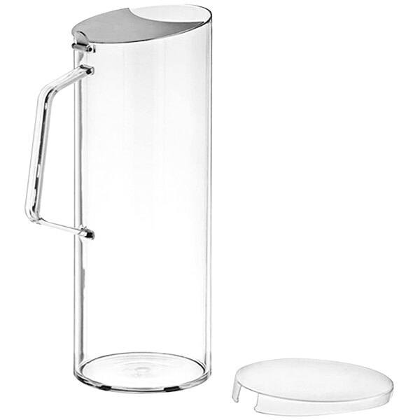 A clear plastic APS cereal pitcher with a lid and a handle.