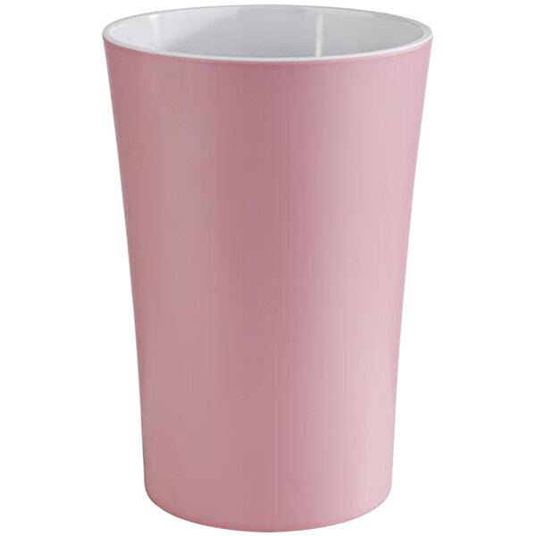 A pink melamine cup with a white rim.