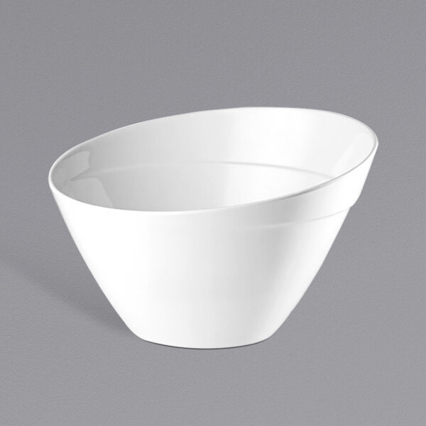 A white APS Balance slanted melamine bowl with a curved edge.