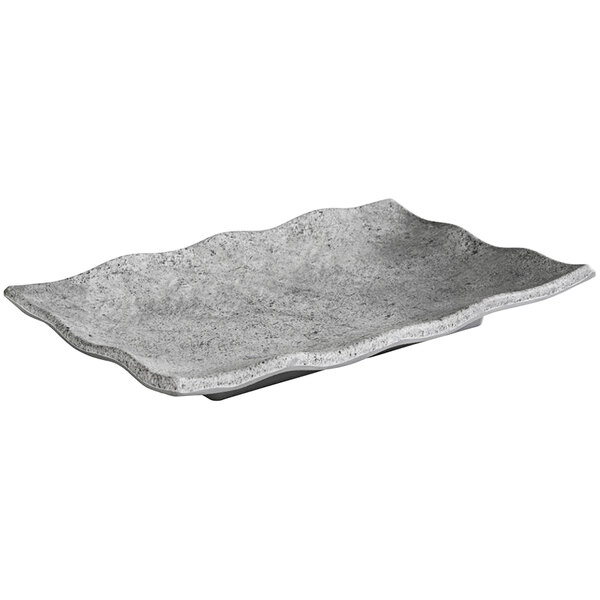 A gray rectangular APS Element wavy melamine serving tray.