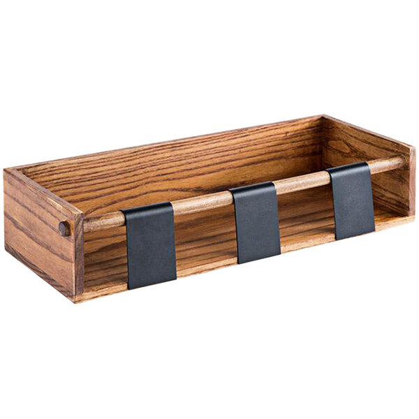 A wooden buffet station with black metal labels straps.