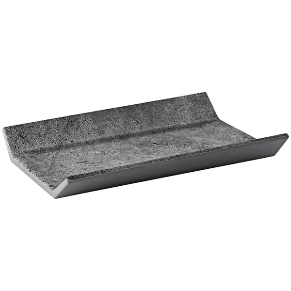 A rectangular black melamine tray with a faux concrete surface.