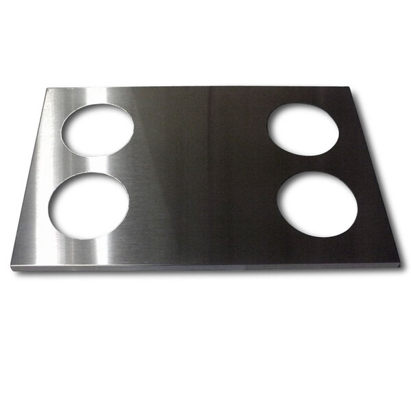 A stainless steel APW Wyott adapter plate with four openings.