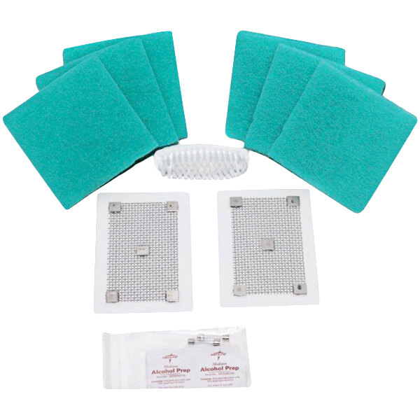 A set of blue and green cleaning cloths with white pads.