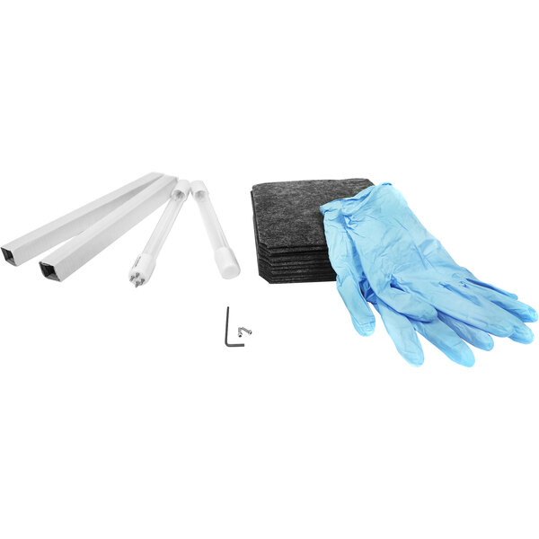 A Newaire maintenance kit for a hydroxyl generator including gloves and a brush.