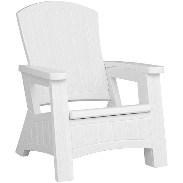 A white Suncast resin Adirondack chair with armrests.
