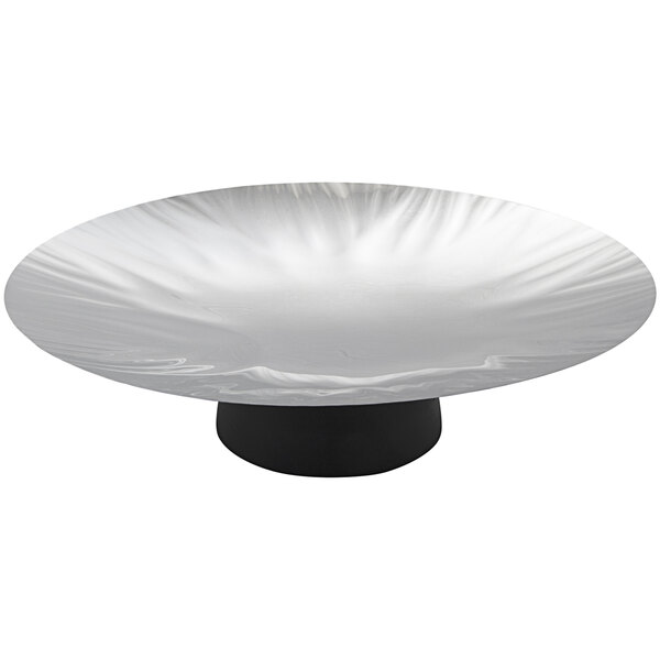A stainless steel round platter with a black base and white stripe.