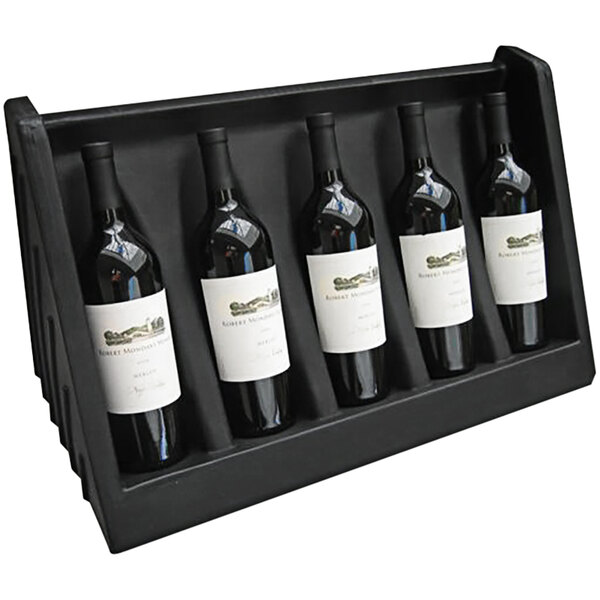 A black MasonWays plastic wine display case holding five bottles of wine.