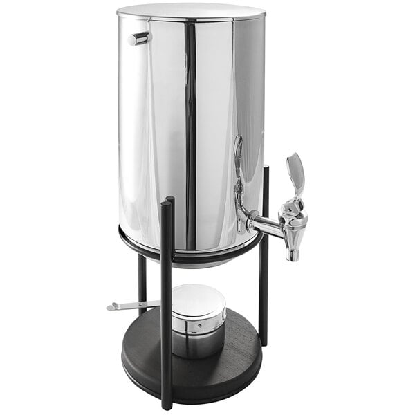 An Abert stainless steel coffee urn on a black stand.