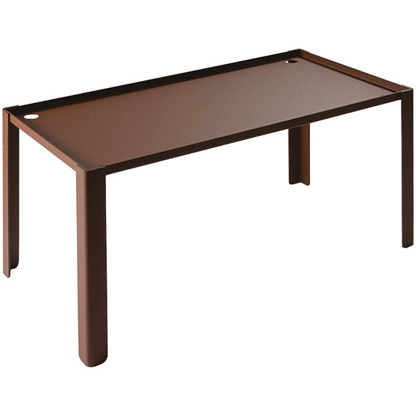 A brown metal copper buffet podium with metal legs.
