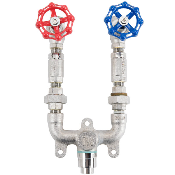A T&S wall mounted mixing valve assembly with red and blue handles.