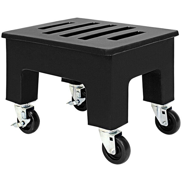 A black plastic MasonWays dunnage rack with wheels.