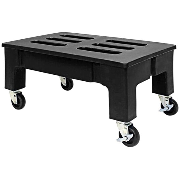 A MasonWays black plastic dunnage rack with casters.