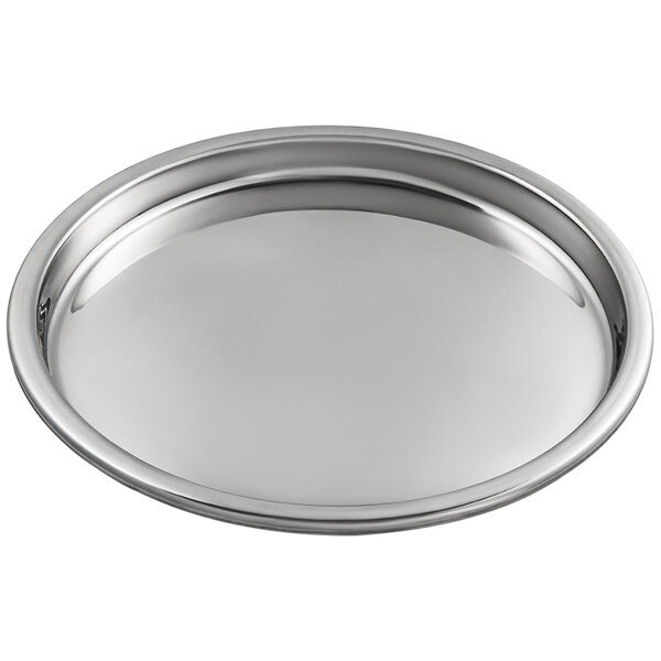 A silver stainless steel round pan with a round rim.