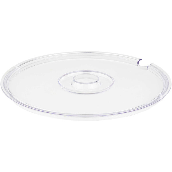 A clear plastic lid for a round food pan with a round center and a notch.