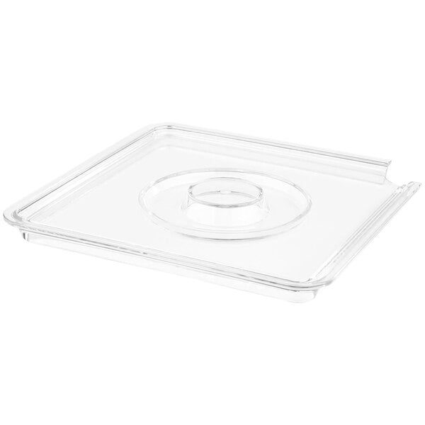 A clear plastic square lid with a round hole and a handle.