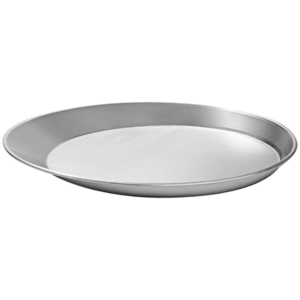 An oval stainless steel tray with a white background.