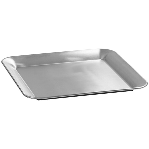 A square stainless steel tray with a silver finish.