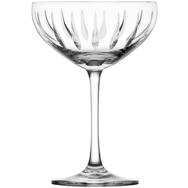 A clear Schott Zwiesel coupe glass with a design on it.