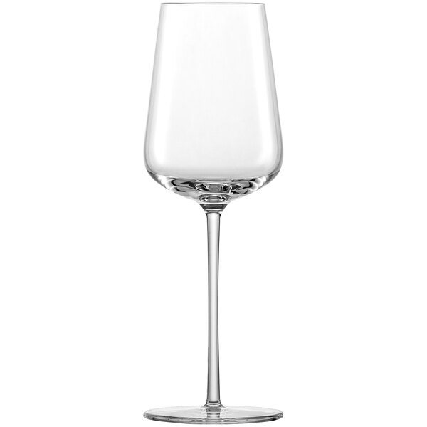 A close-up of a clear Schott Zwiesel Verbelle sweet wine glass with a long stem.