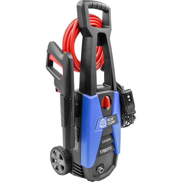 An AR Blue Clean electric pressure washer in blue and black with a black hose.