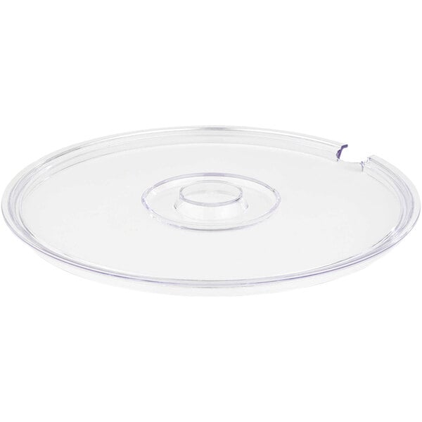 A clear plastic lid for a round food pan with a circular notch in the center.