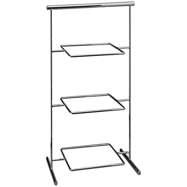 A chrome metal 3-tier serving stand with three shelves.