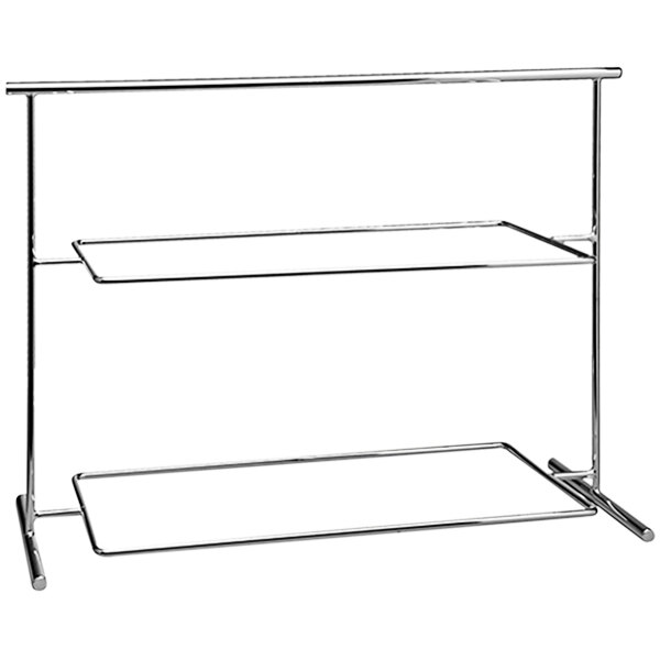A metal 2-tier serving stand with shelves.