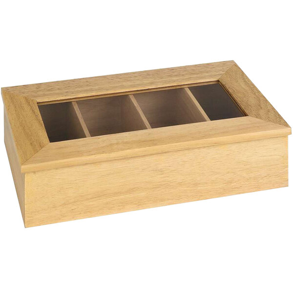 A light wood APS tea chest with 4 compartments and a glass window.